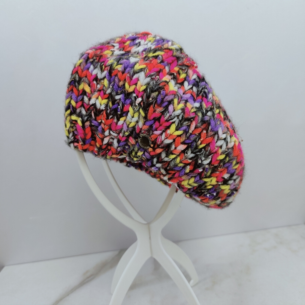 Forever New Crochet Knit Beret Multicolor Hat Beanie Winter